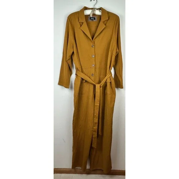 Mod X Womens 3X Mustard Belted Button Up Stretchy Jumpsuit - Picture 6 of 16